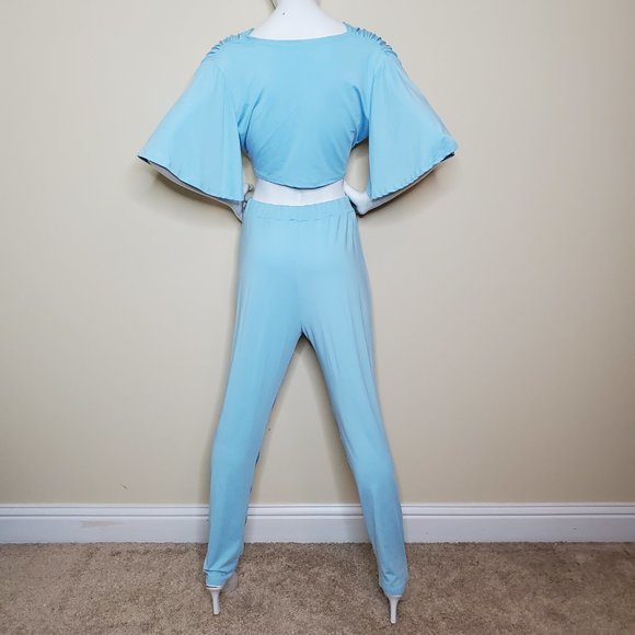 Pastel Baby Blue Two Piece Trendy V Neck Bat Wing Top w/ Skinny Fit Pant SZ L - Picture 5 of 10